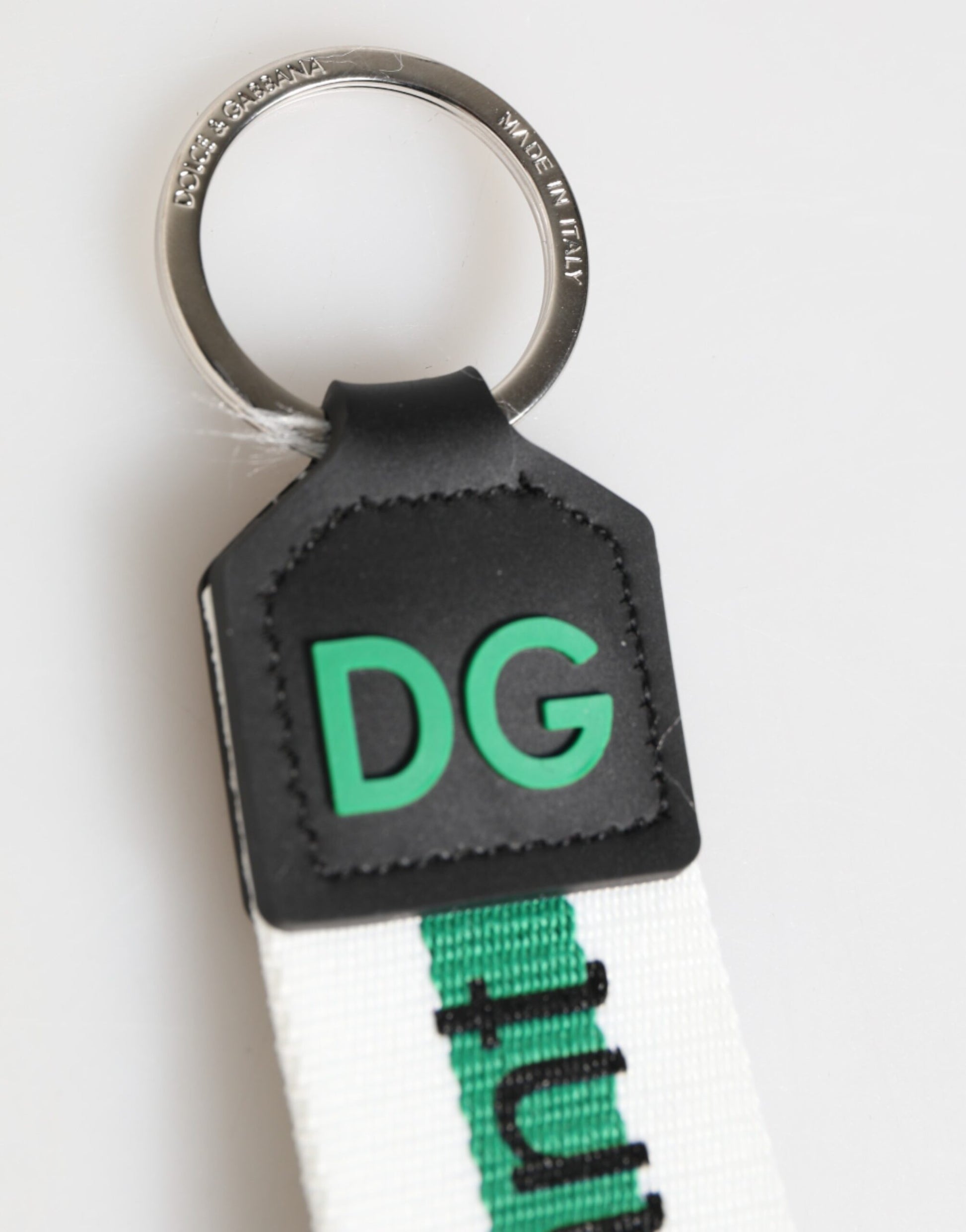 Dolce & Gabbana Green Logo Polyester Silver Brass Holder Keychain Keyring - ClickThatClicks 