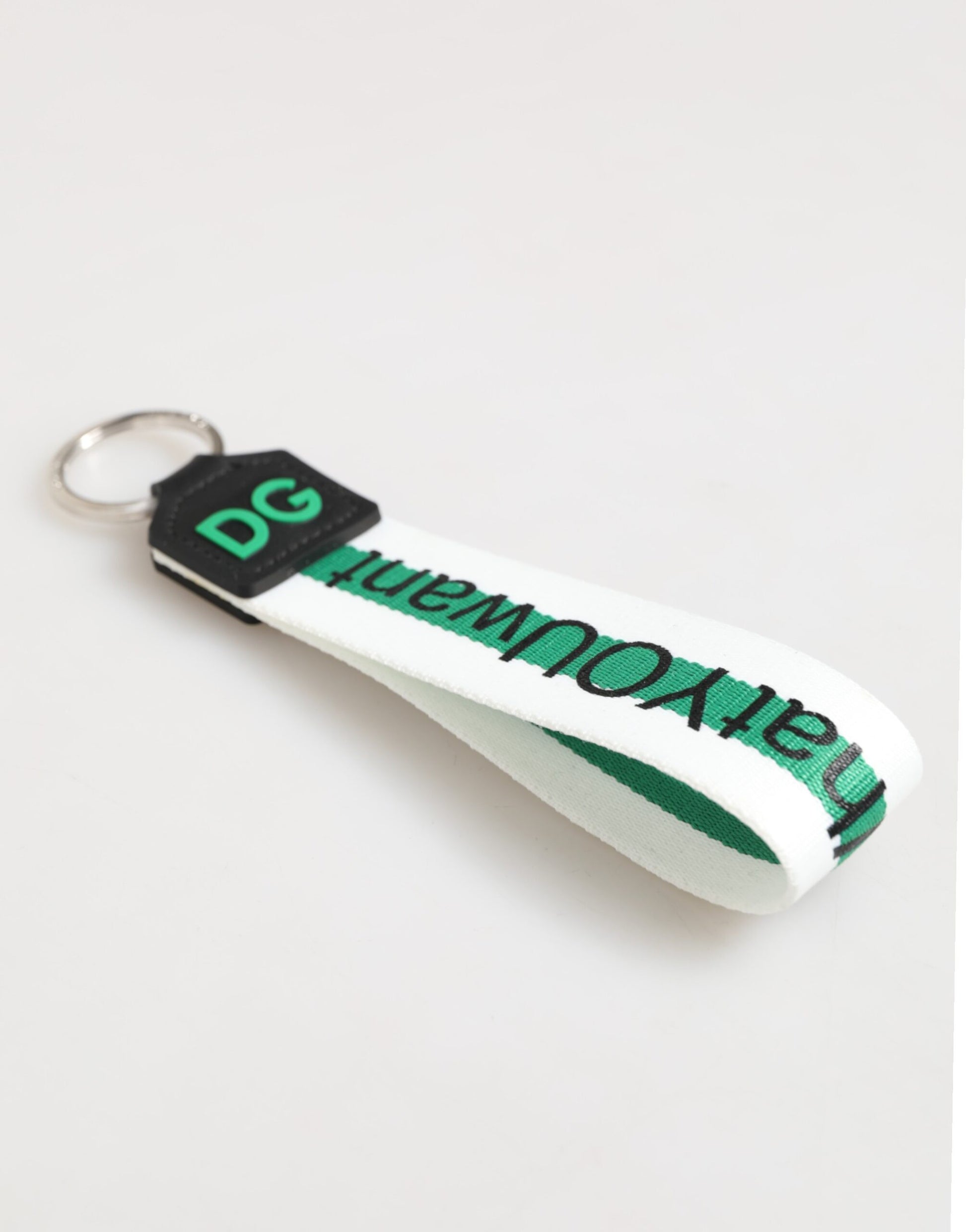 Dolce & Gabbana Green Logo Polyester Silver Brass Holder Keychain Keyring - ClickThatClicks 