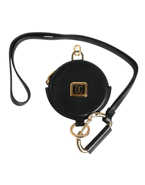 Dolce & Gabbana Black Round Leather DG Logo Coin Purse Lanyard Wallet - ClickThatClicks 
