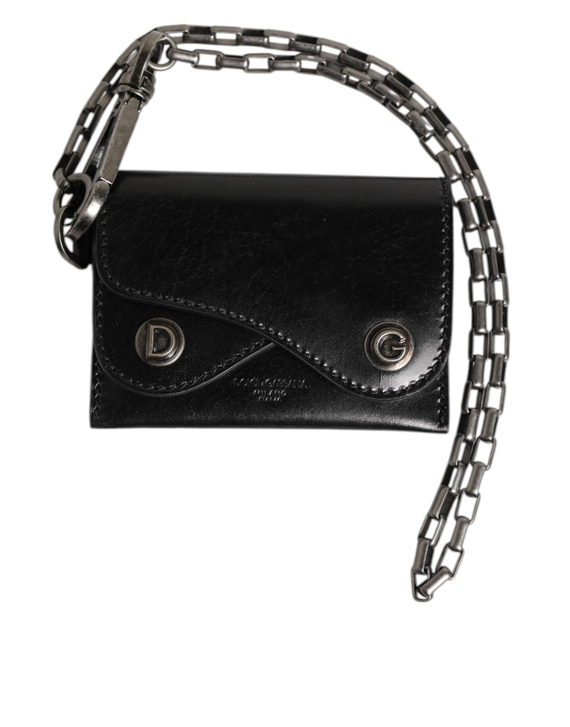 Dolce & Gabbana Black Cavallo Leather Wallet Chain Snap Bifold Card Holder - ClickThatClicks 
