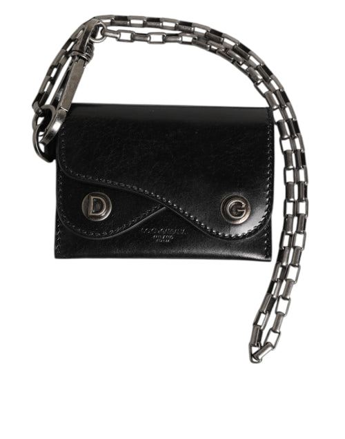 Dolce & Gabbana Black Cavallo Leather Wallet Chain Snap Bifold Card Holder - ClickThatClicks 