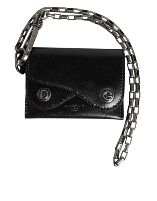Dolce & Gabbana Black Cavallo Leather Wallet Chain Snap Bifold Card Holder - ClickThatClicks 