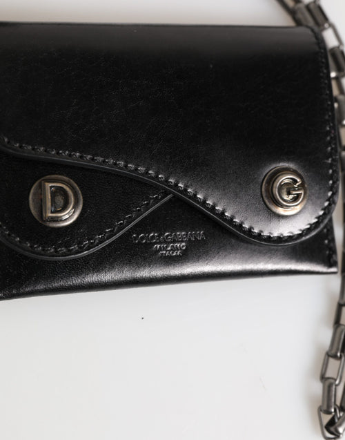 Dolce & Gabbana Black Cavallo Leather Wallet Chain Snap Bifold Card Holder - ClickThatClicks 
