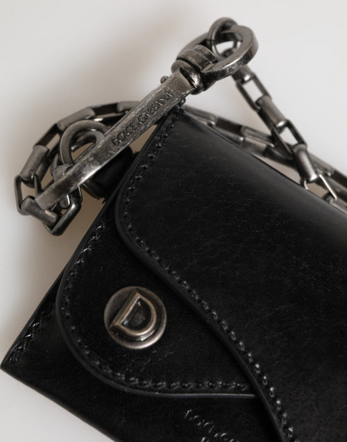 Dolce & Gabbana Black Cavallo Leather Wallet Chain Snap Bifold Card Holder - ClickThatClicks 