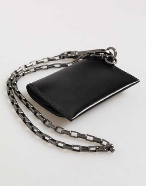 Dolce & Gabbana Black Cavallo Leather Wallet Chain Snap Bifold Card Holder - ClickThatClicks 