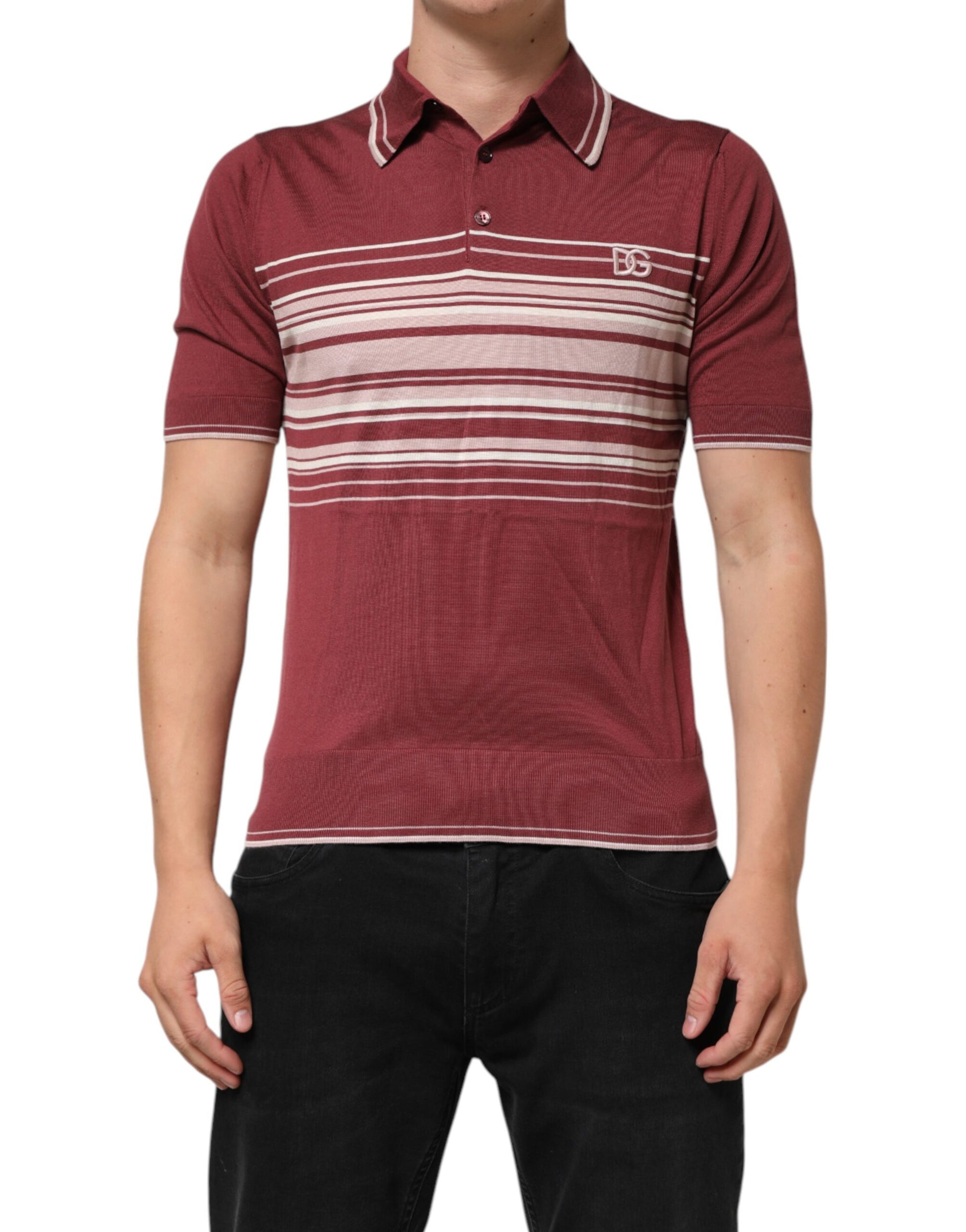 Dolce & Gabbana Cotton Burgundy Striped DG Logo Polo  T-shirt - ClickThatClicks 