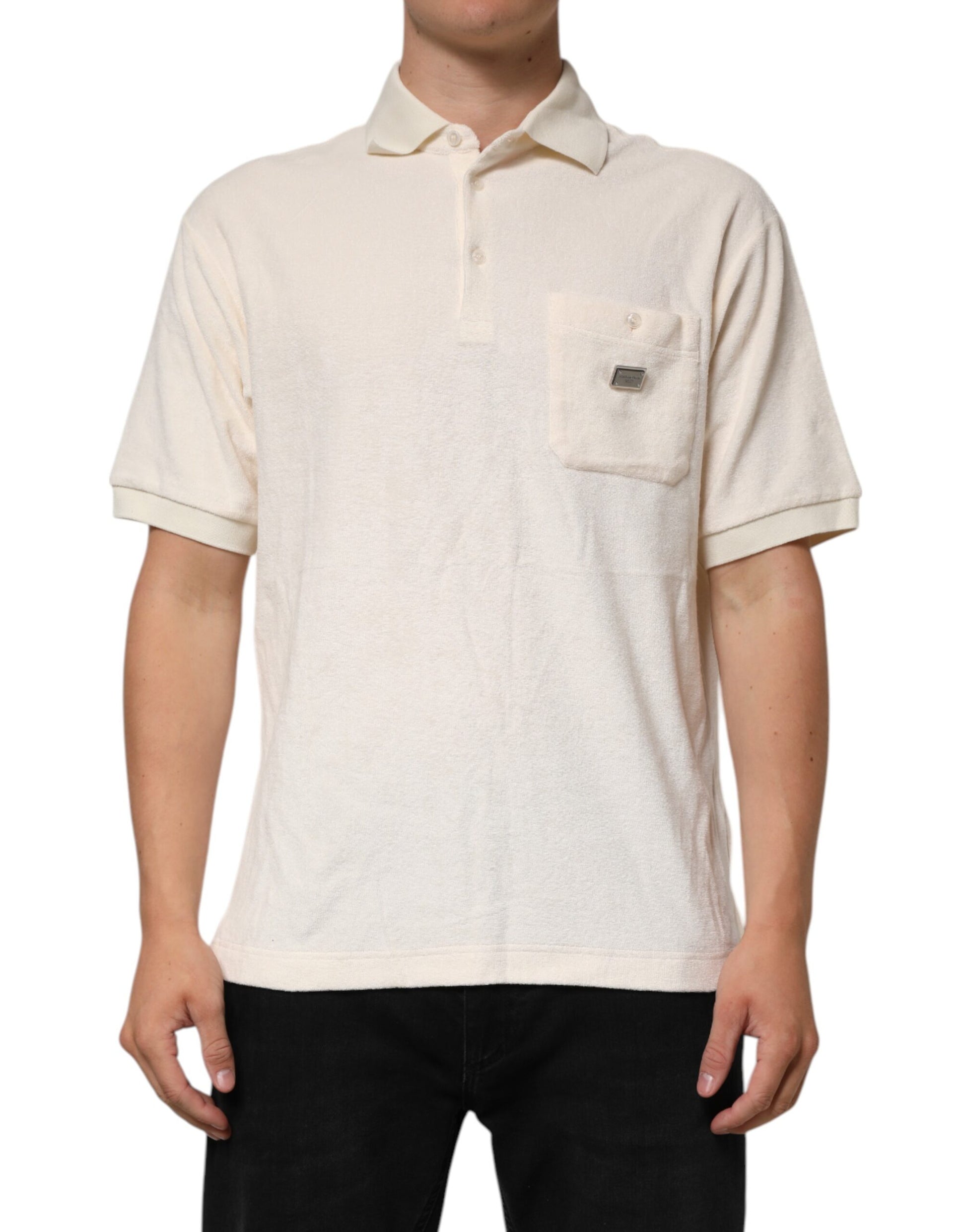 Dolce & Gabbana Ivory Cotton Terry Logo Pocket Polo T-shirt - ClickThatClicks 