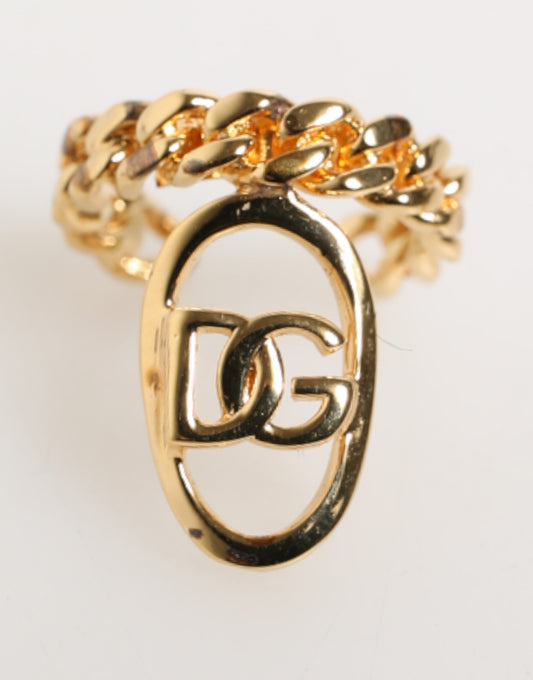 Dolce & Gabbana Gold Tone Brass Oval DG Logo Chain Adjustable Ring - ClickThatClicks 