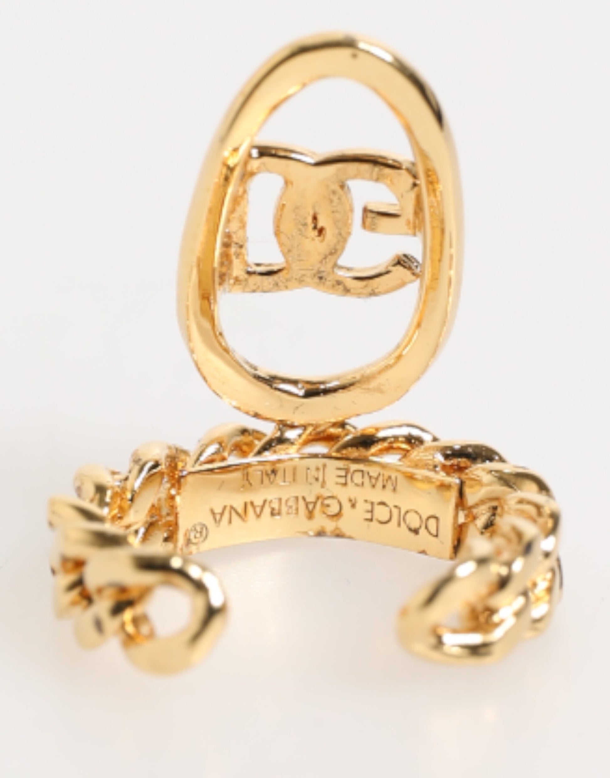 Dolce & Gabbana Gold Tone Brass Oval DG Logo Chain Adjustable Ring - ClickThatClicks 