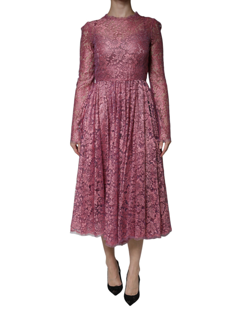 Dolce & Gabbana Pink Floral Lace Long Sleeve Midi Dress