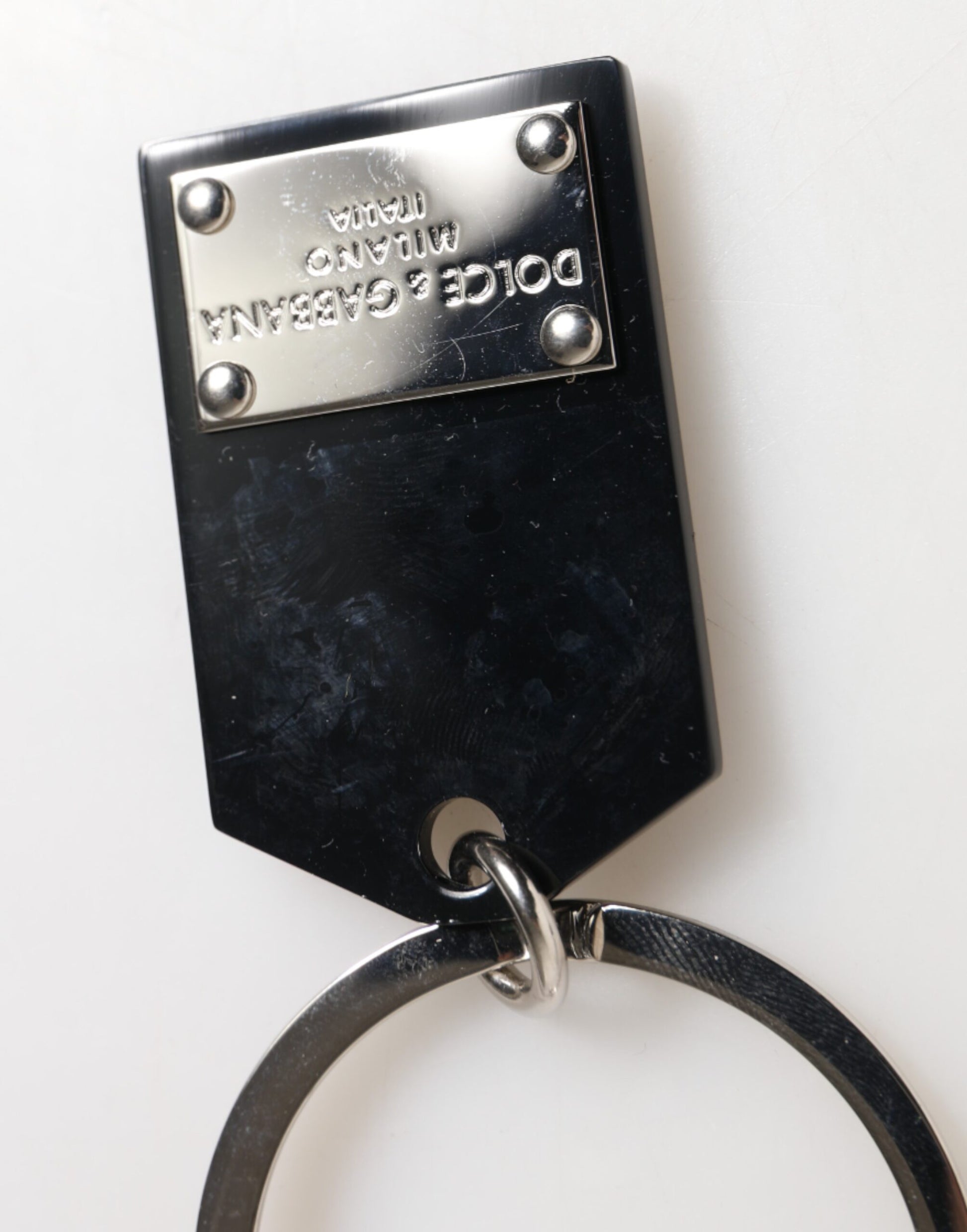 Dolce & Gabbana Black Sint Glass Plaque DG Logo Metal PlateKeychain Keyring - ClickThatClicks 