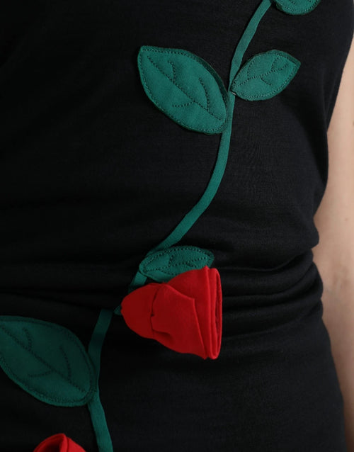 Dolce & Gabbana Black Wool Sleeveless Rose Applique Dress - ClickThatClicks 