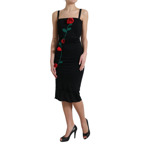 Dolce & Gabbana Black Wool Sleeveless Rose Applique Dress - ClickThatClicks 