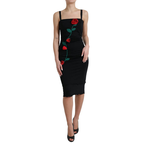 Dolce & Gabbana Black Wool Sleeveless Rose Applique Dress - ClickThatClicks 