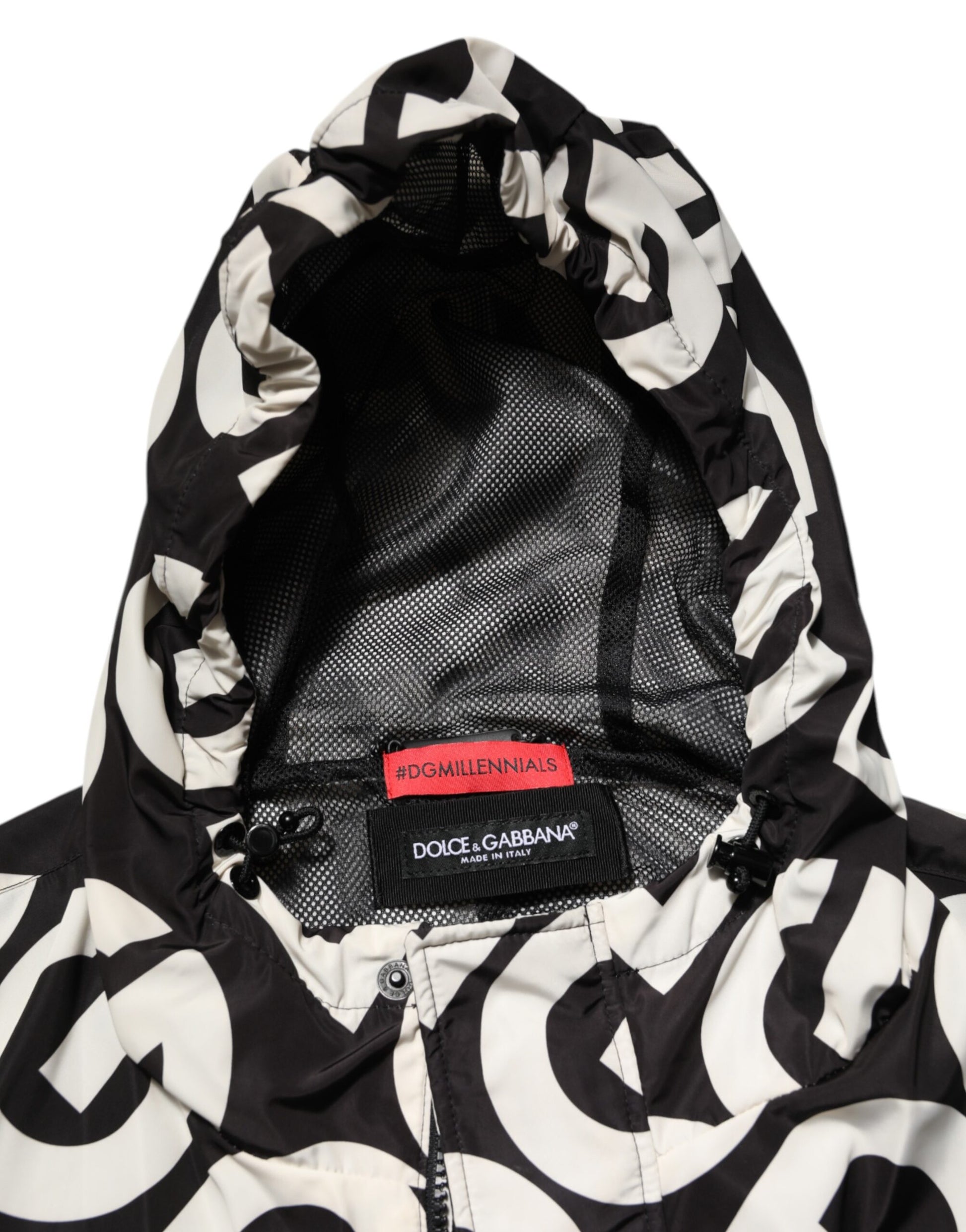 Dolce & Gabbana Black White Logo Print Hooded Coat Men Jacket - ClickThatClicks 
