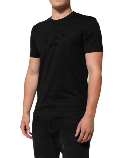 Dolce & Gabbana Black Cotton Velvet Logo Print Men T-shirt - ClickThatClicks 
