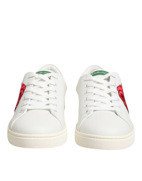 Dolce & Gabbana White Leather Rose Embroidery Low-Top  Shoes - ClickThatClicks 