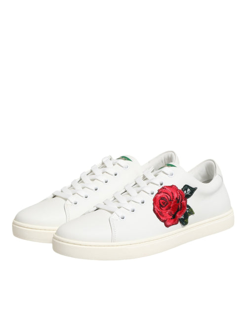 Dolce & Gabbana White Leather Rose Embroidery Low-Top  Shoes - ClickThatClicks 