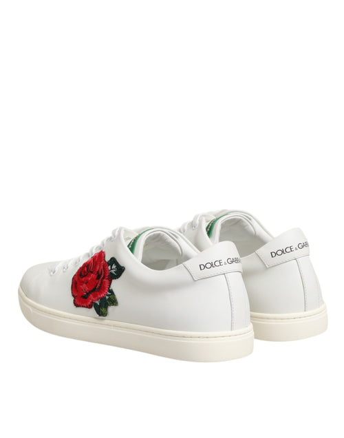 Dolce & Gabbana White Leather Rose Embroidery Low-Top  Shoes - ClickThatClicks 