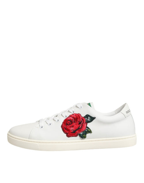 Dolce & Gabbana White Leather Rose Embroidery Low-Top  Shoes - ClickThatClicks 