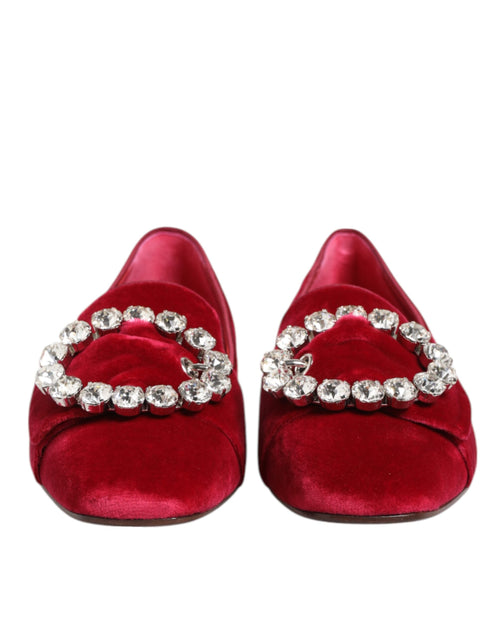Dolce & Gabbana Red Velvet Crystal Buckle Loafers Flats Shoes - ClickThatClicks 