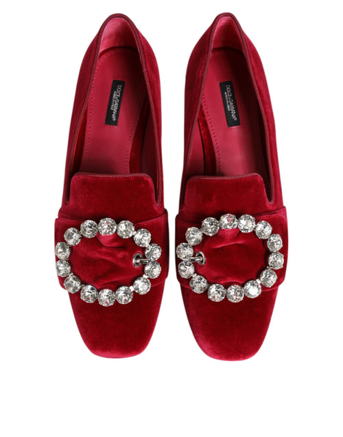 Dolce & Gabbana Red Velvet Crystal Buckle Loafers Flats Shoes - ClickThatClicks 