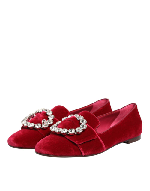 Dolce & Gabbana Red Velvet Crystal Buckle Loafers Flats Shoes - ClickThatClicks 