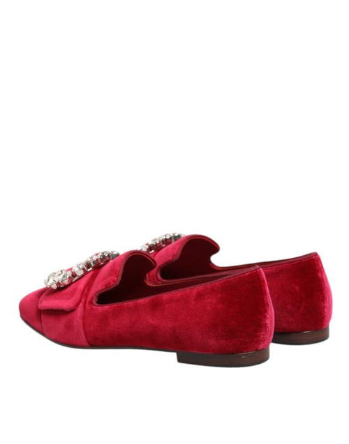 Dolce & Gabbana Red Velvet Crystal Buckle Loafers Flats Shoes - ClickThatClicks 