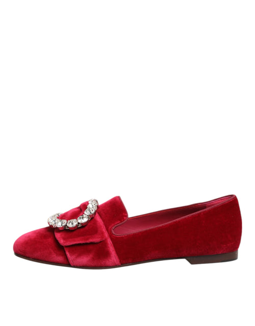 Dolce & Gabbana Red Velvet Crystal Buckle Loafers Flats Shoes - ClickThatClicks 