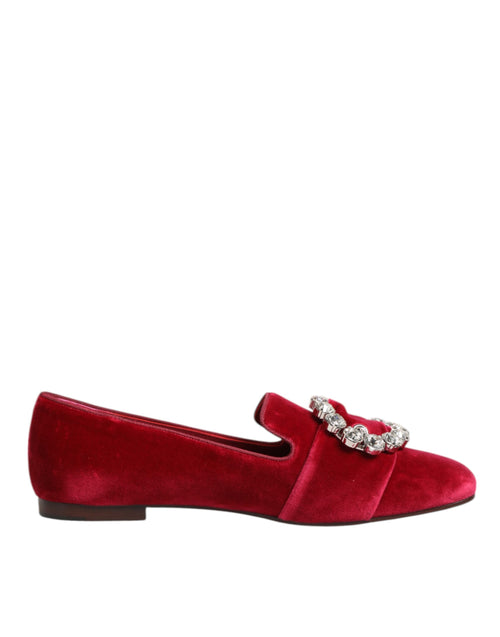 Dolce & Gabbana Red Velvet Crystal Buckle Loafers Flats Shoes - ClickThatClicks 