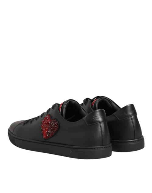 Dolce & Gabbana Black Leather Crystal Heart Low Top Sneakers  Shoes - ClickThatClicks 