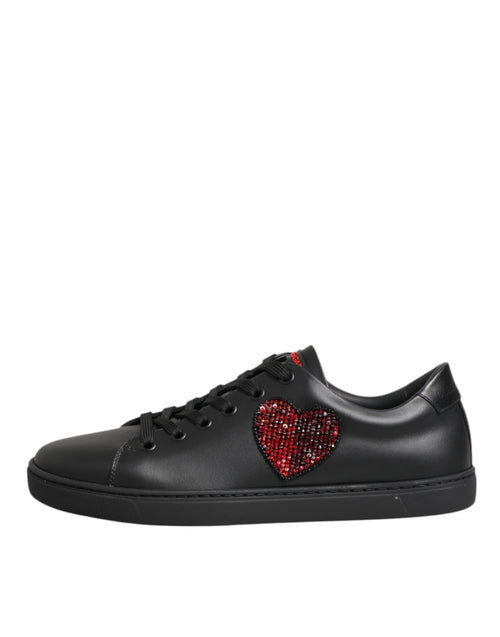Dolce & Gabbana Black Leather Crystal Heart Low Top Sneakers  Shoes - ClickThatClicks 