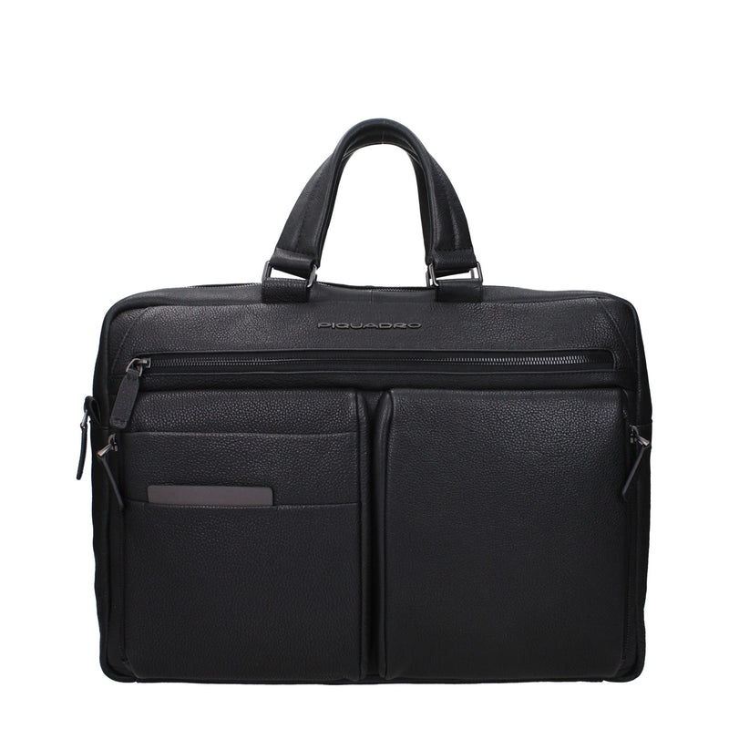 Piquadro Black Leather Business And Laptop Bag