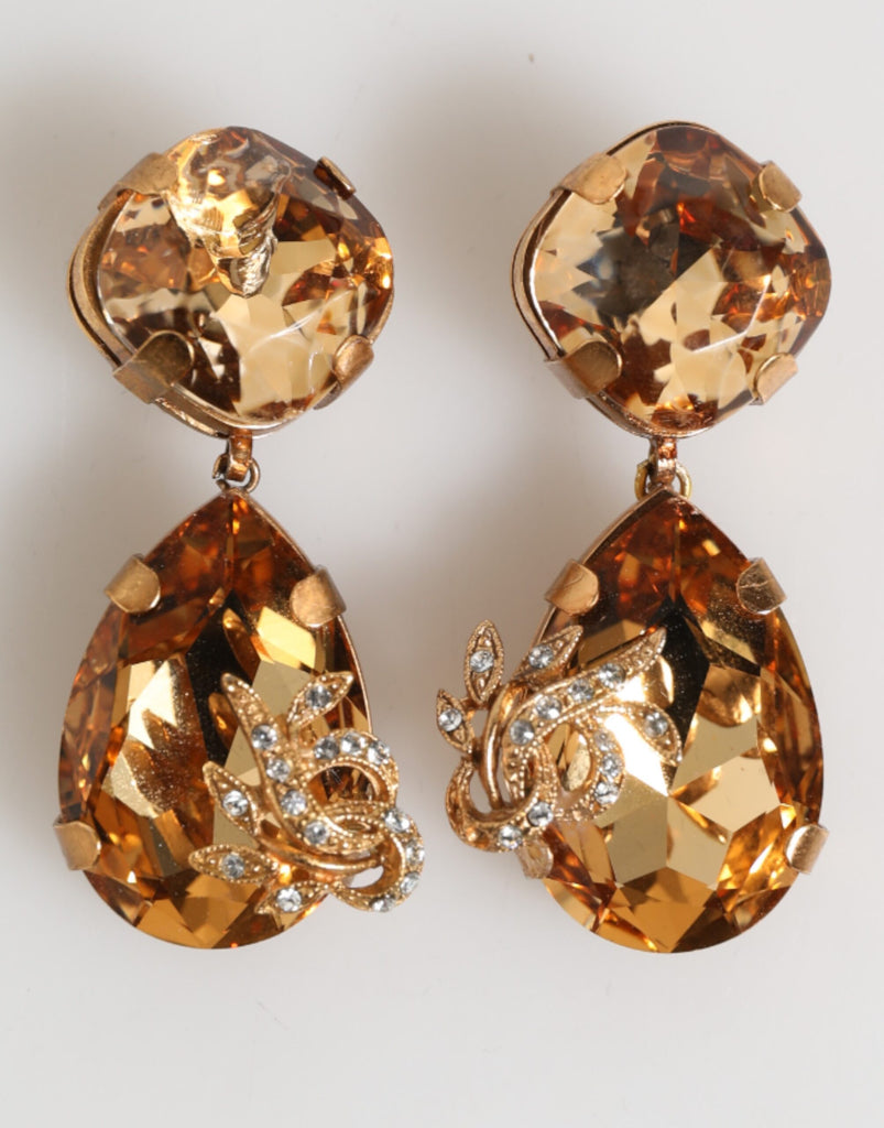 Dolce & Gabbana Gold Crystal Drop Clip-On Strass Floral Jewelry Earrings
