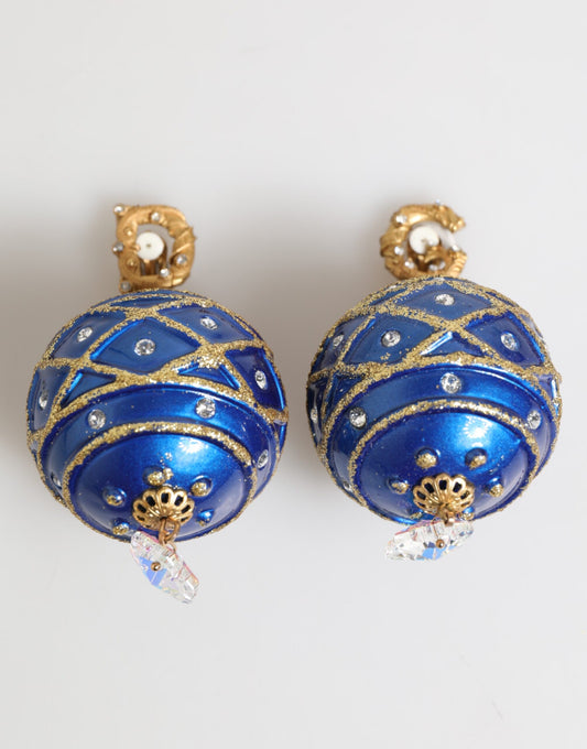 Dolce & Gabbana Gold Brass Blue Christmas Ball Crystal Drop Clip On Earrings - ClickThatClicks 