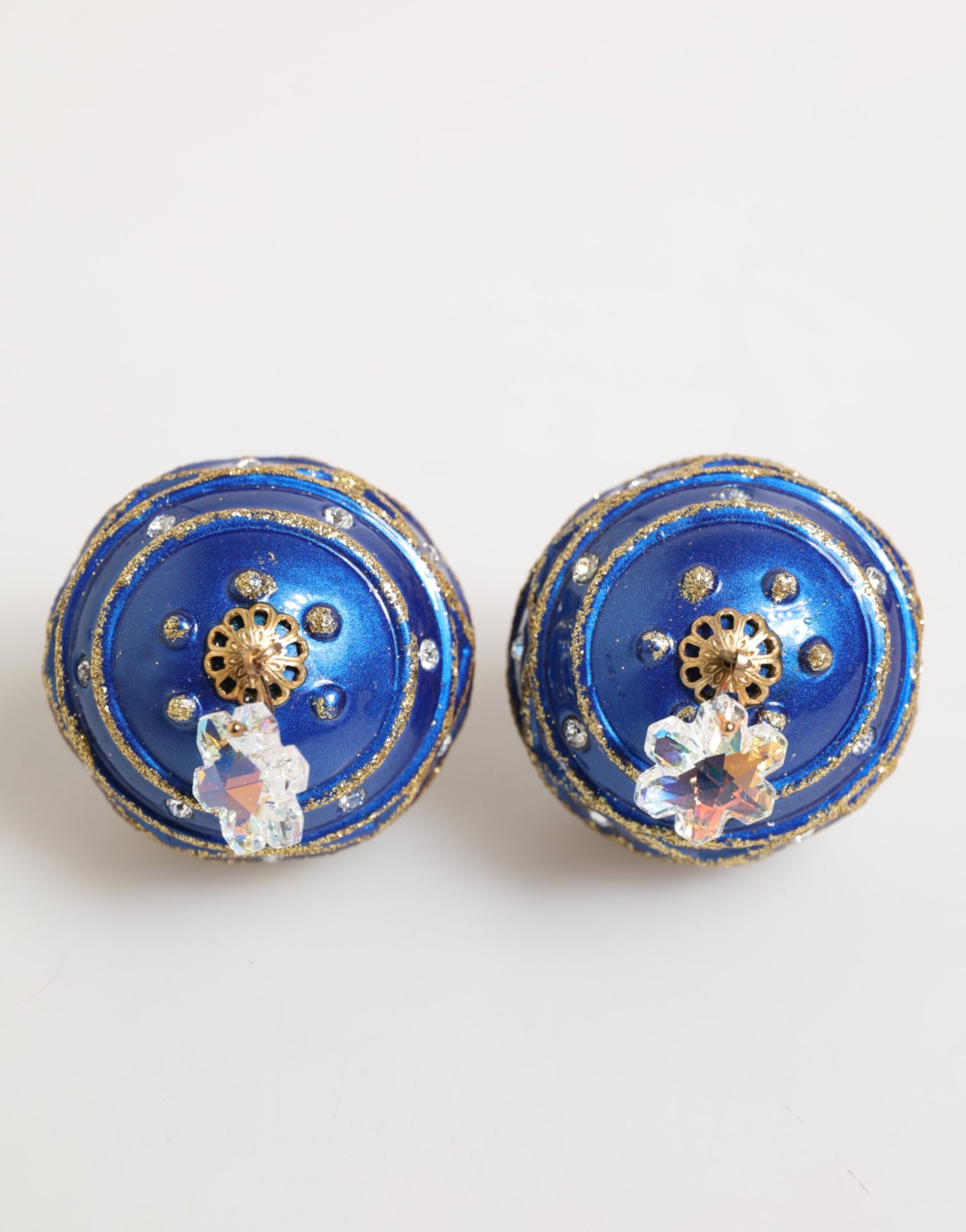 Dolce & Gabbana Gold Brass Blue Christmas Ball Crystal Drop Clip On Earrings - ClickThatClicks 