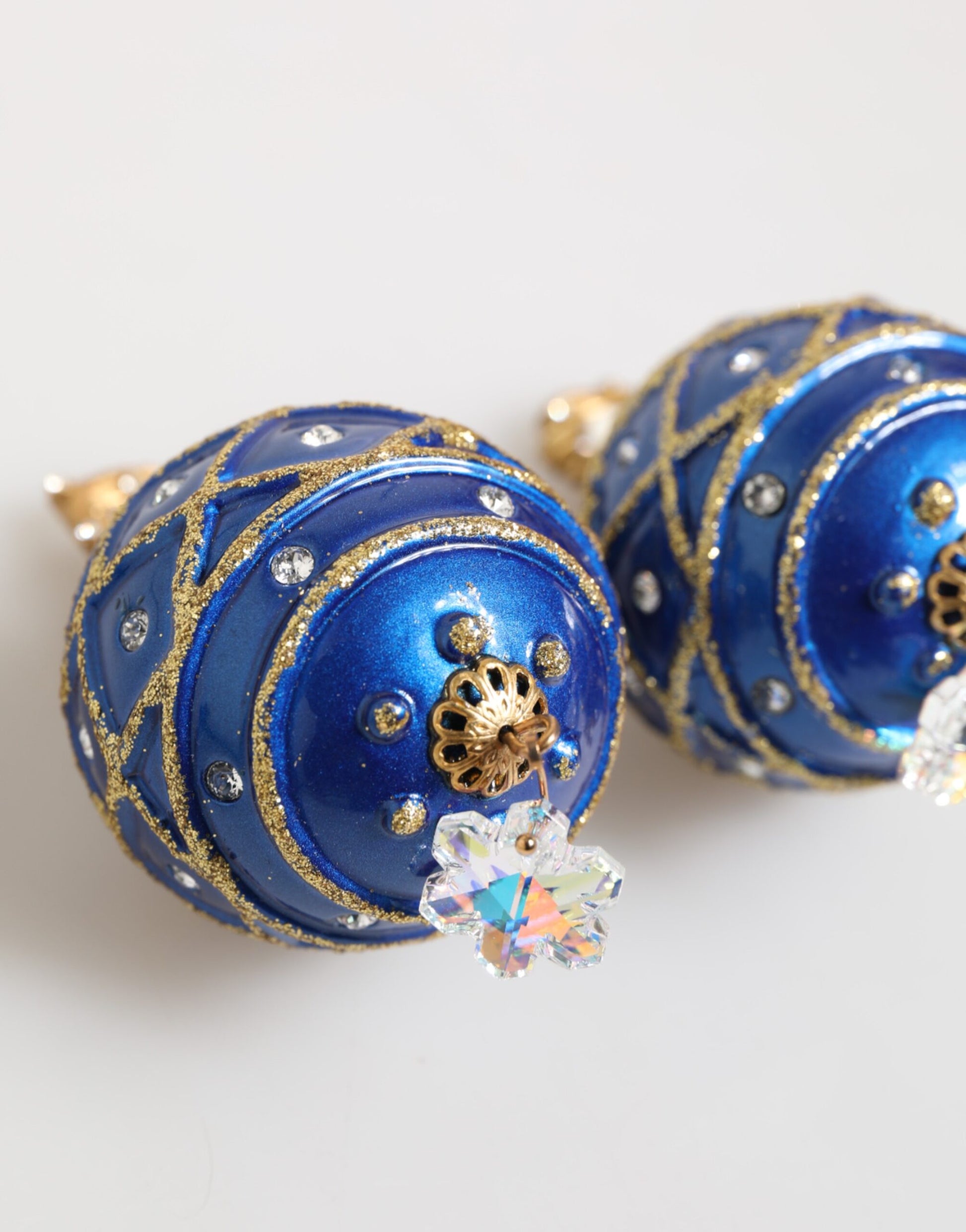 Dolce & Gabbana Gold Brass Blue Christmas Ball Crystal Drop Clip On Earrings - ClickThatClicks 