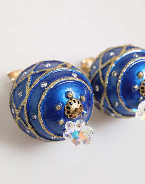 Dolce & Gabbana Gold Brass Blue Christmas Ball Crystal Drop Clip On Earrings - ClickThatClicks 