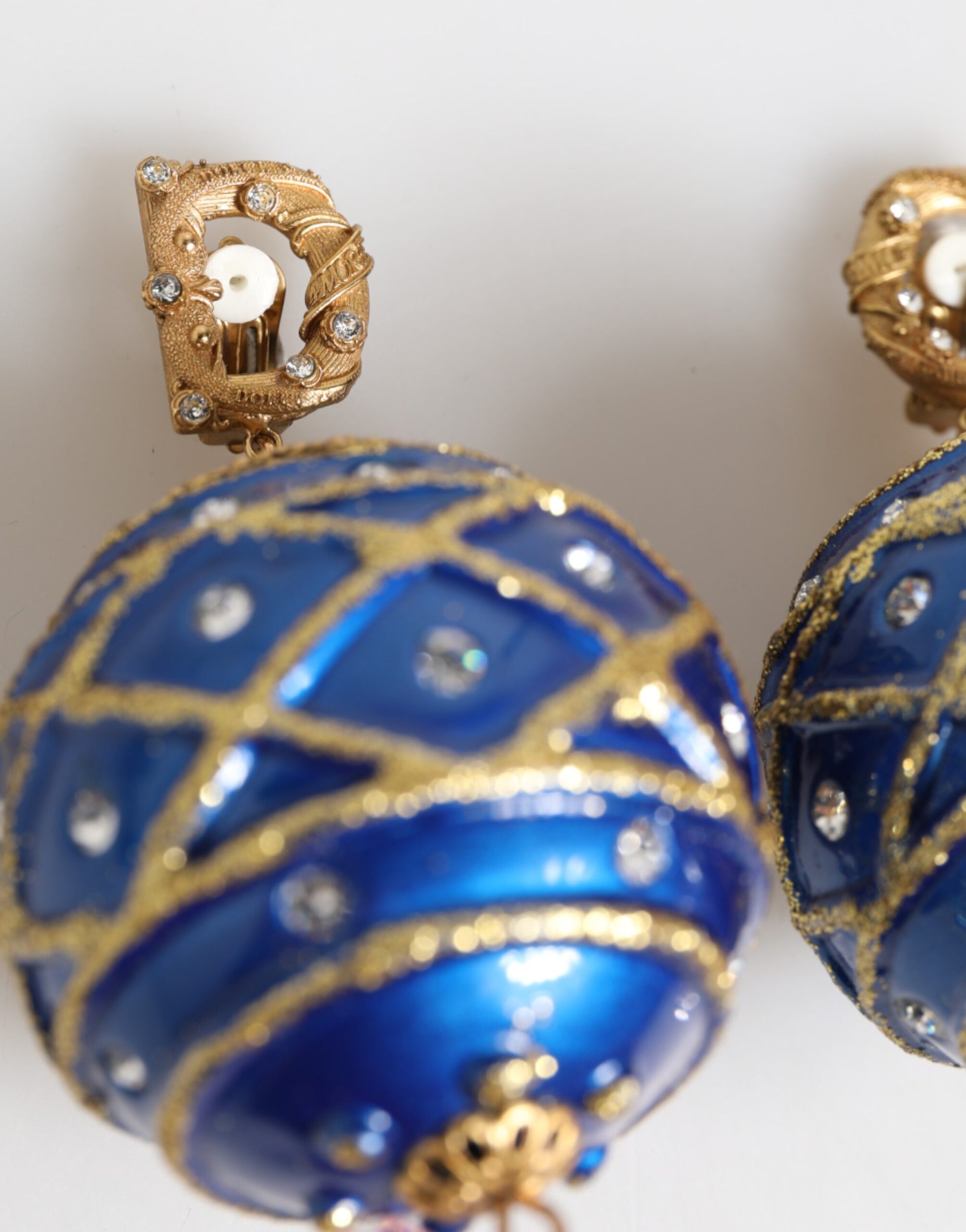 Dolce & Gabbana Gold Brass Blue Christmas Ball Crystal Drop Clip On Earrings - ClickThatClicks 