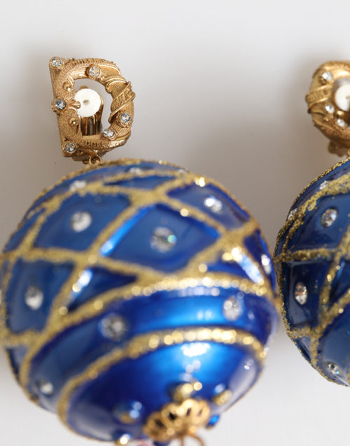 Dolce & Gabbana Gold Brass Blue Christmas Ball Crystal Drop Clip On Earrings - ClickThatClicks 