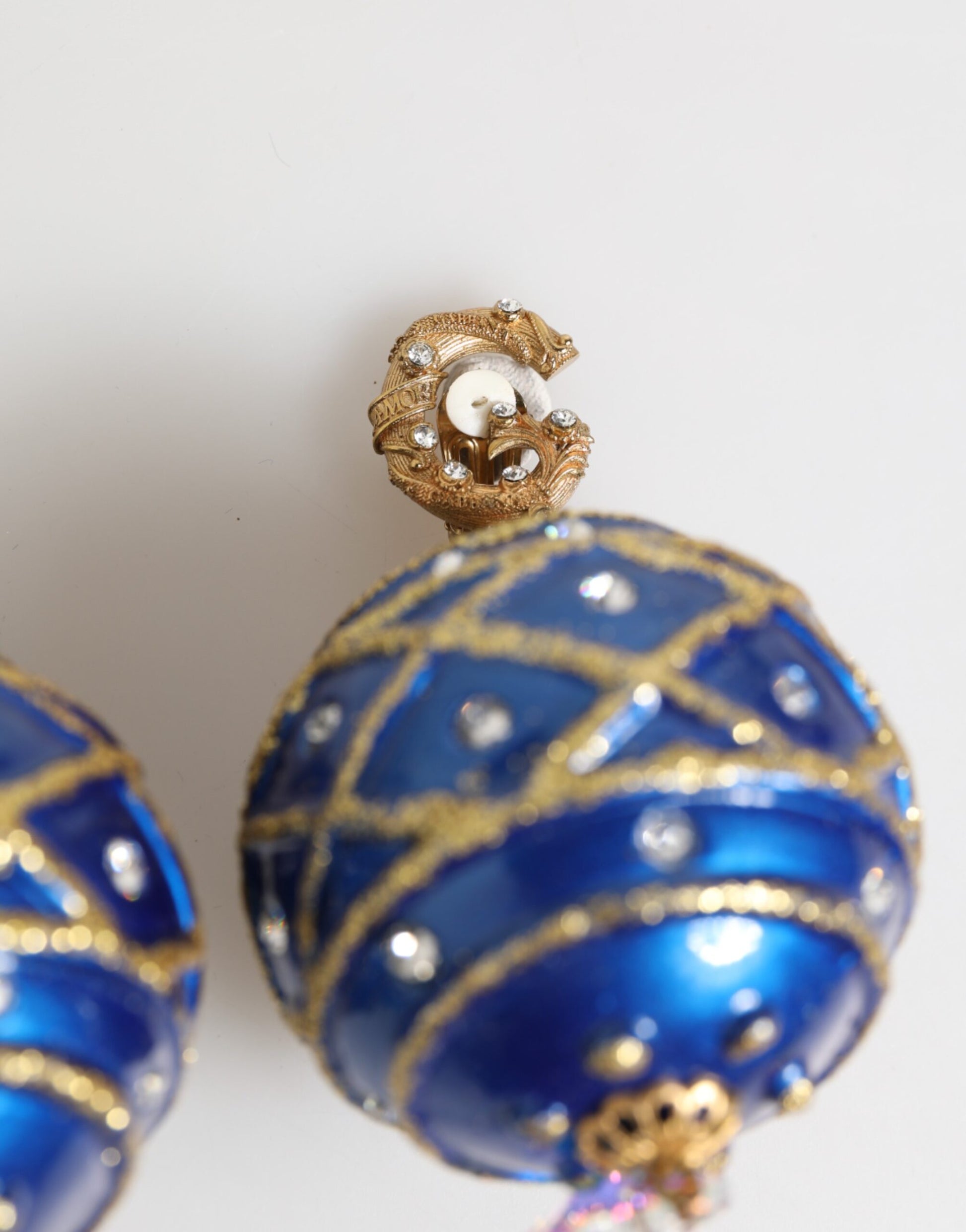 Dolce & Gabbana Gold Brass Blue Christmas Ball Crystal Drop Clip On Earrings - ClickThatClicks 