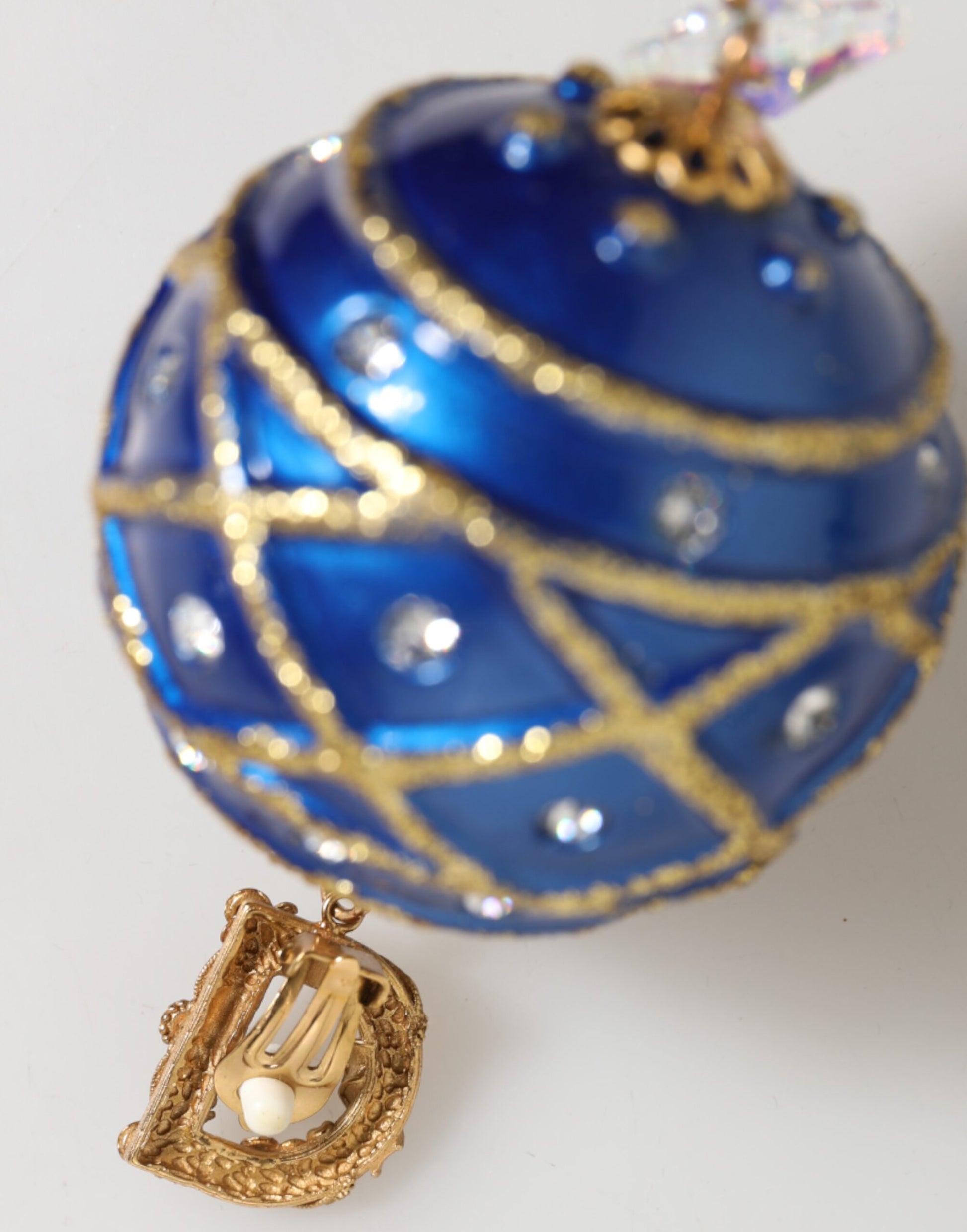 Dolce & Gabbana Gold Brass Blue Christmas Ball Crystal Drop Clip On Earrings - ClickThatClicks 