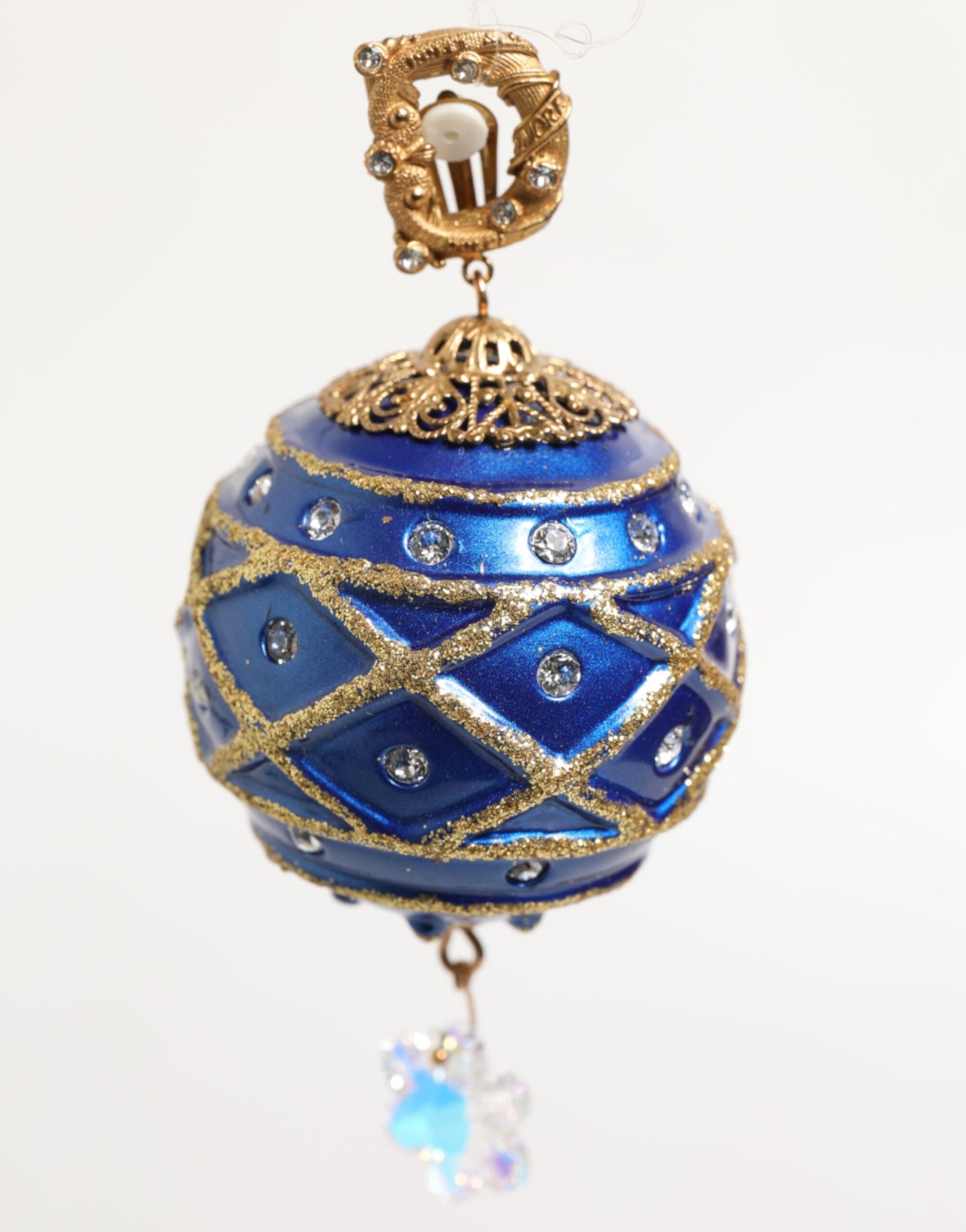 Dolce & Gabbana Gold Brass Blue Christmas Ball Crystal Drop Clip On Earrings - ClickThatClicks 