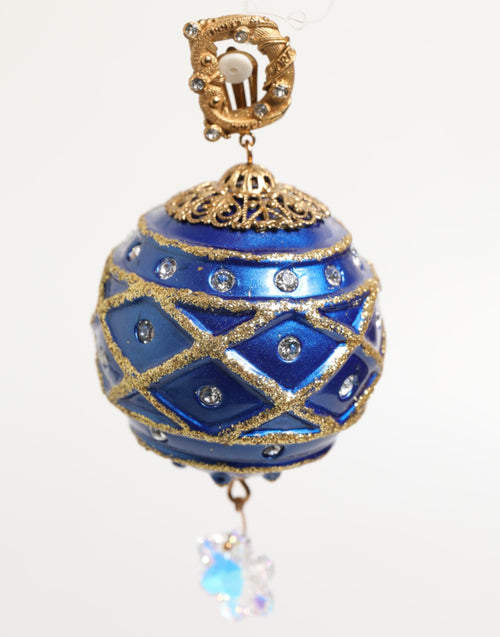 Dolce & Gabbana Gold Brass Blue Christmas Ball Crystal Drop Clip On Earrings - ClickThatClicks 