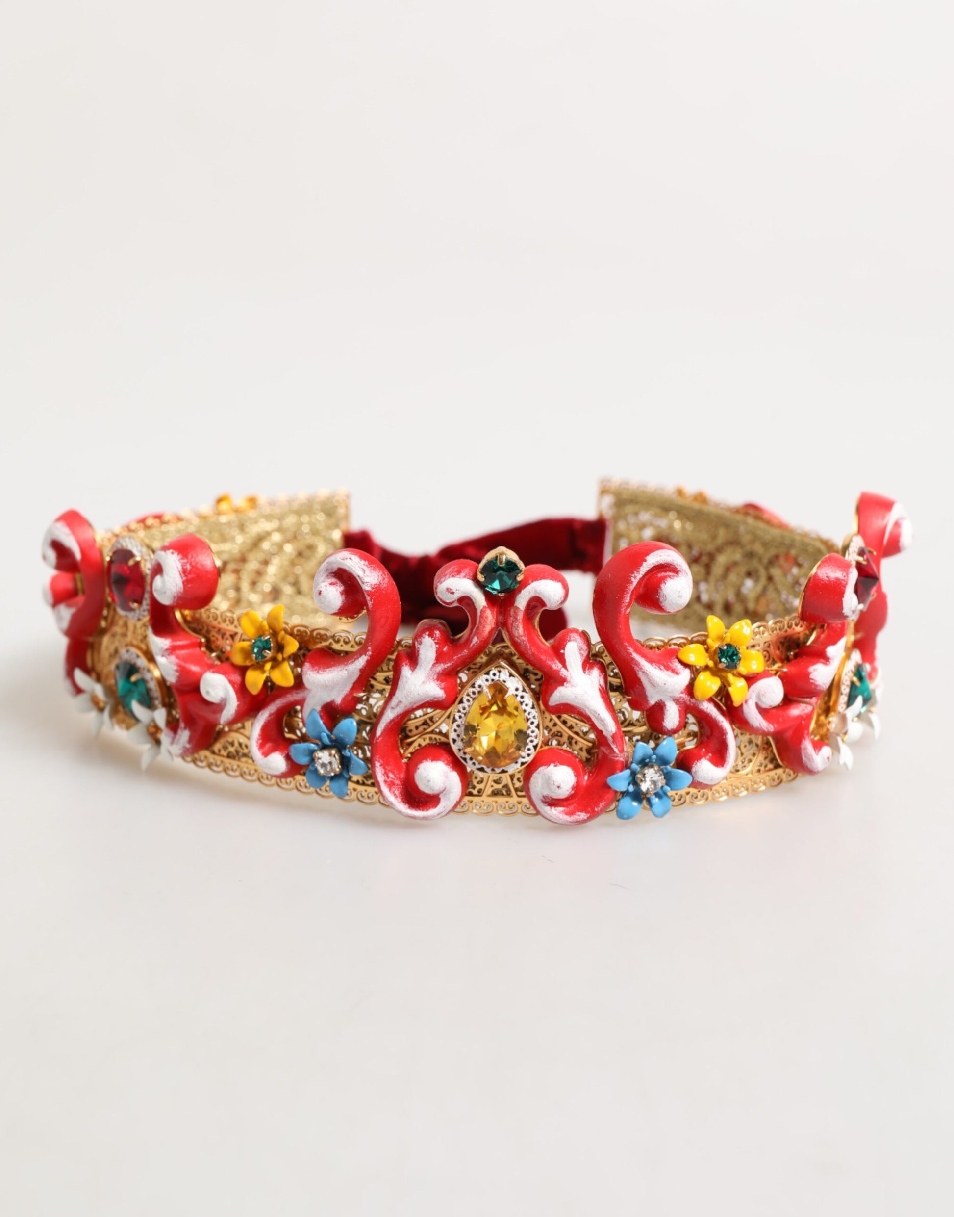 Dolce & Gabbana Red Carretto Multicolor Crystal Gold Tiara Crow Headband - ClickThatClicks 