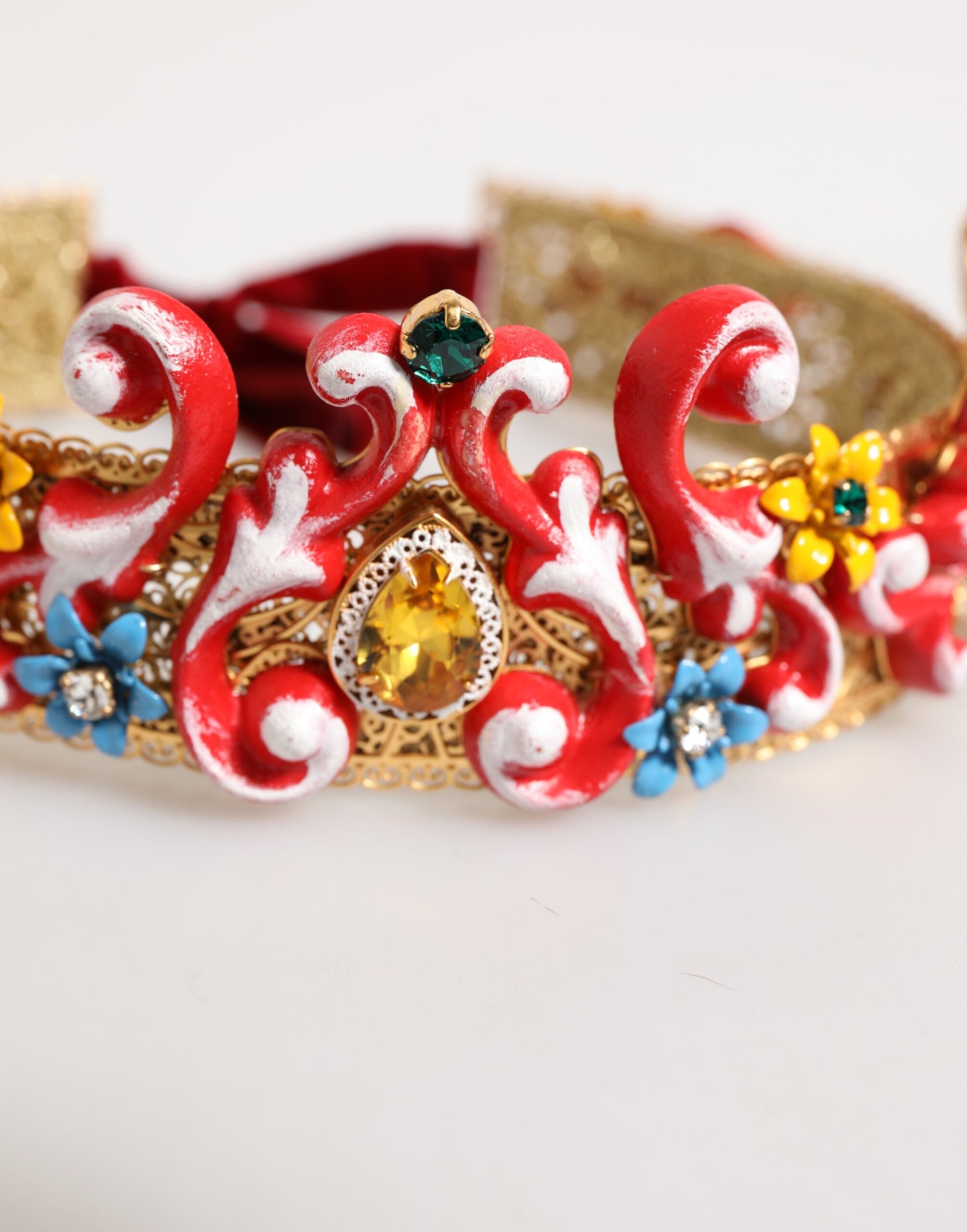 Dolce & Gabbana Red Carretto Multicolor Crystal Gold Tiara Crow Headband - ClickThatClicks 