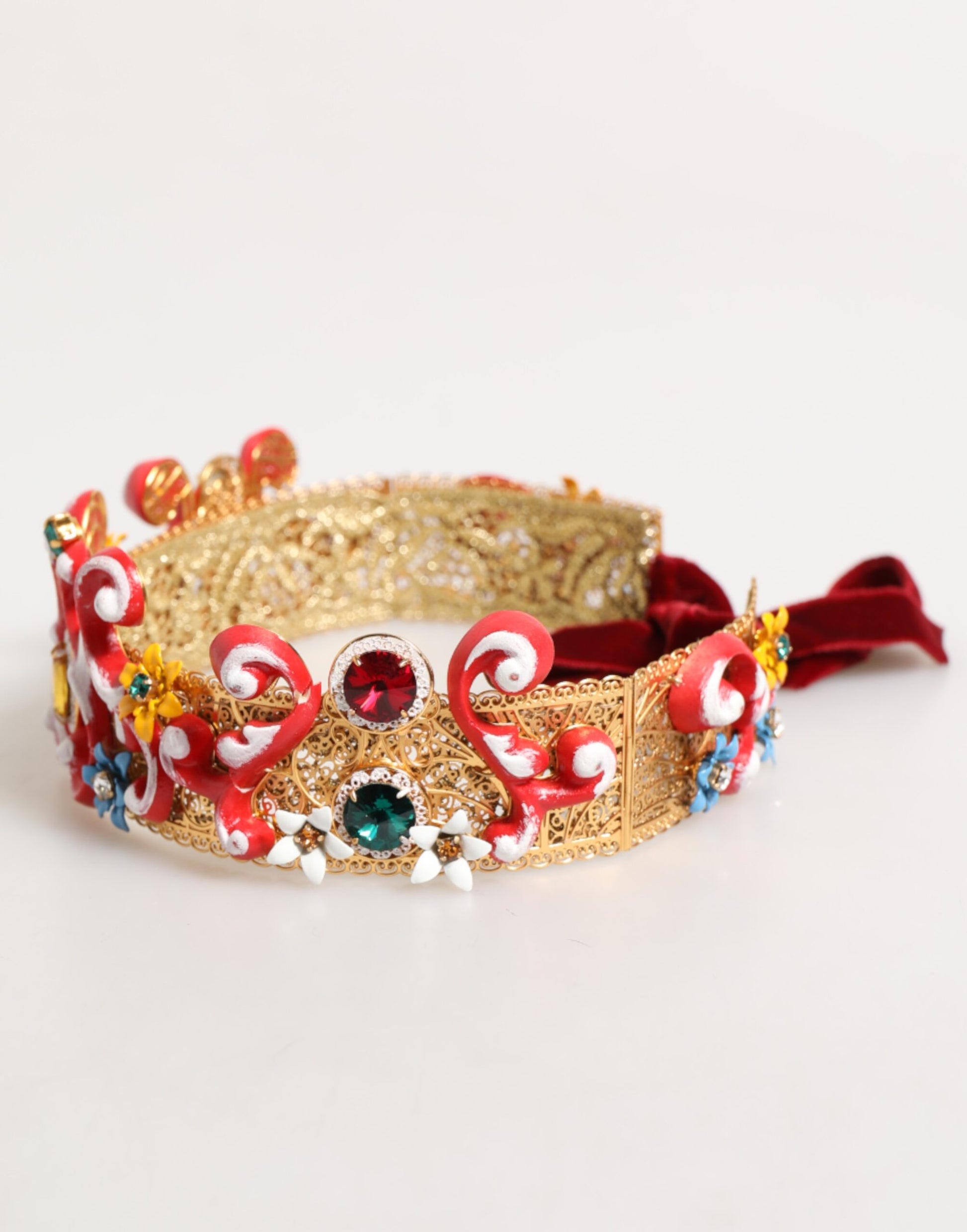 Dolce & Gabbana Red Carretto Multicolor Crystal Gold Tiara Crow Headband - ClickThatClicks 