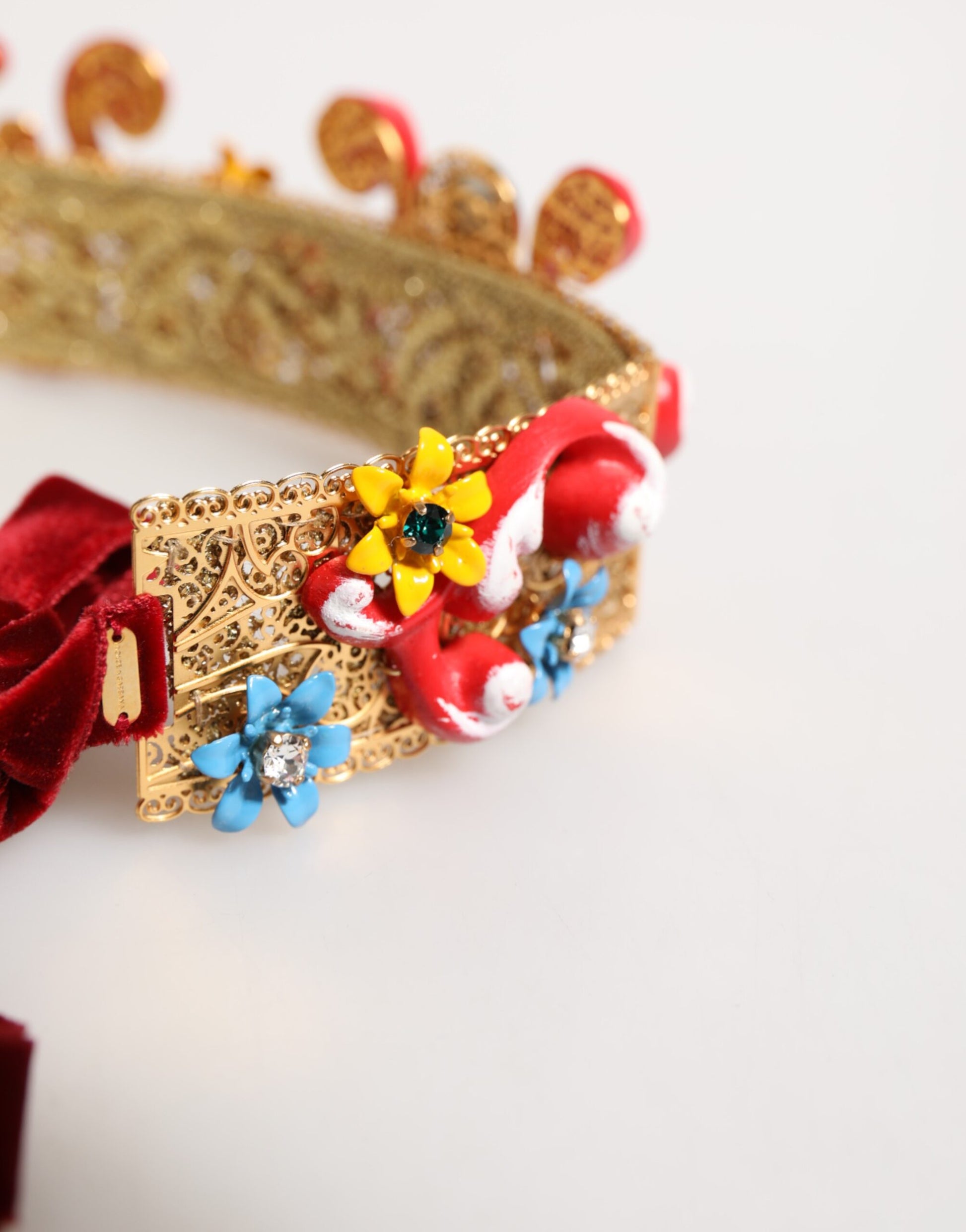 Dolce & Gabbana Red Carretto Multicolor Crystal Gold Tiara Crow Headband - ClickThatClicks 