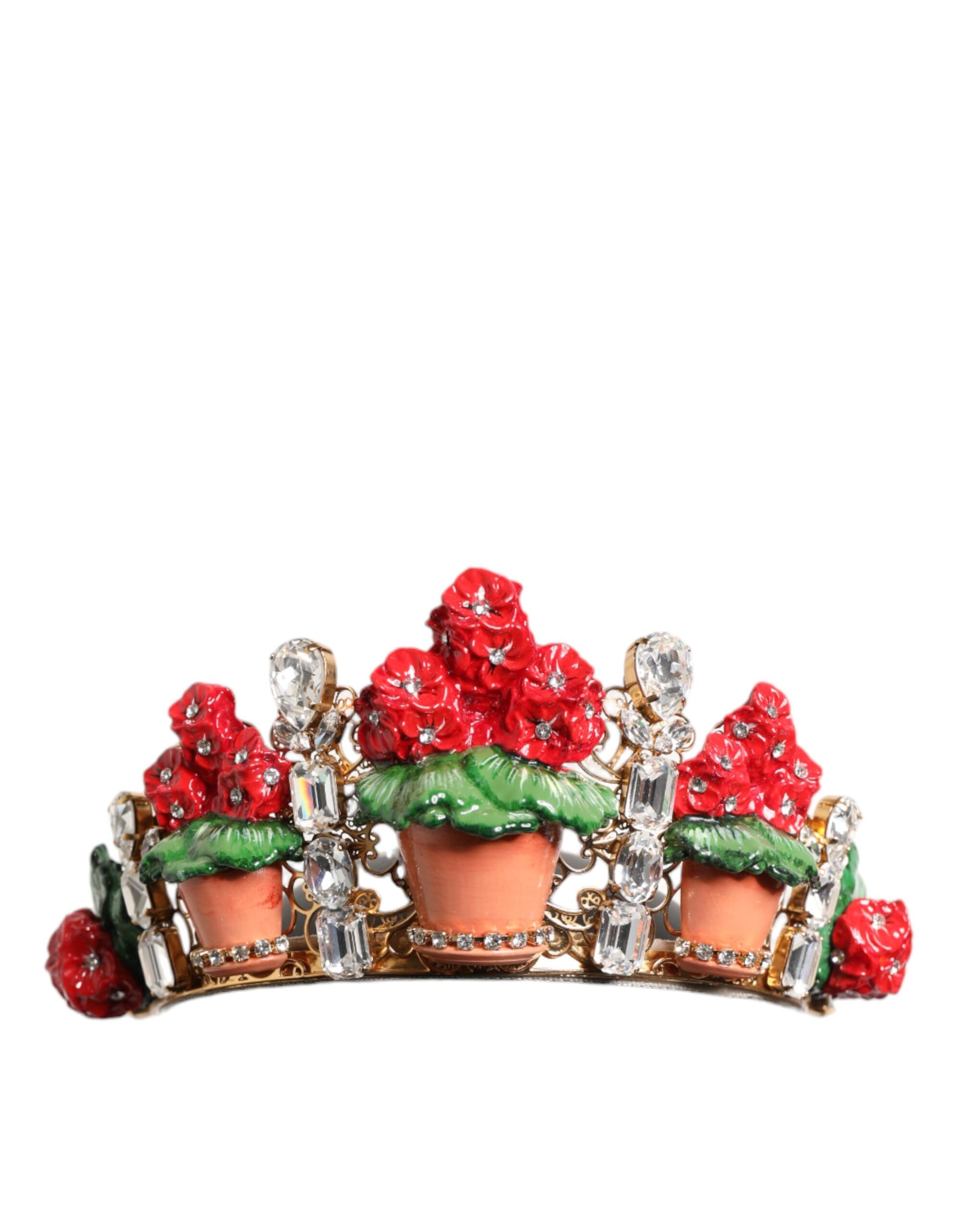 Dolce & Gabbana Red Floral Flowerpot Crystal Gold Crown Tiara Headband - ClickThatClicks 