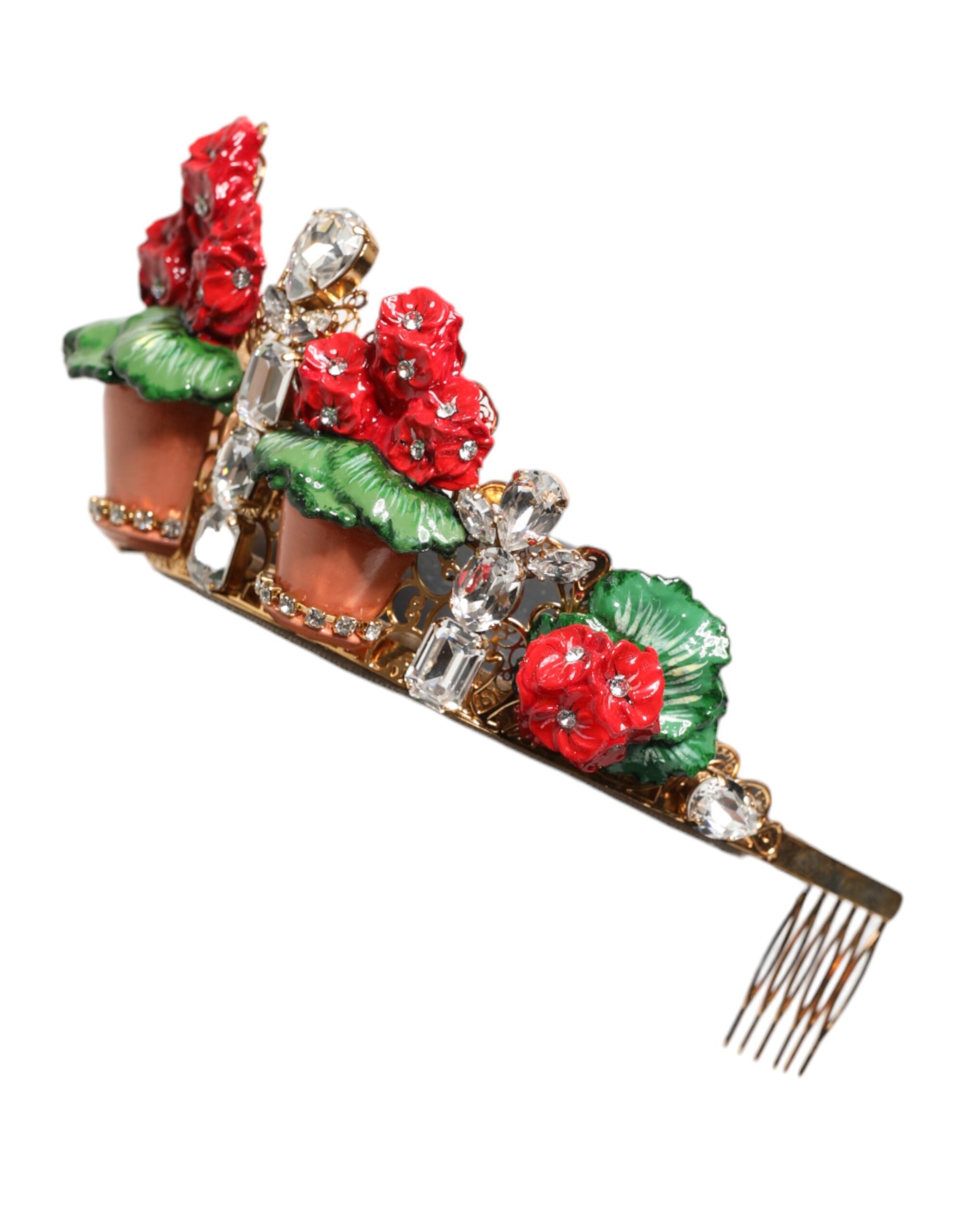 Dolce & Gabbana Red Floral Flowerpot Crystal Gold Crown Tiara Headband - ClickThatClicks 
